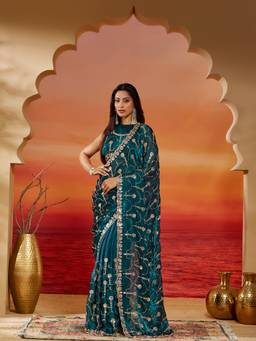 Kasee - Women's Teal Floral Embroidered With Sequin Saree
