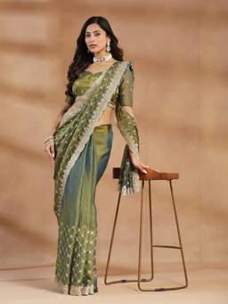 Kasee - Women's Olive Geometric Sequinned Saree