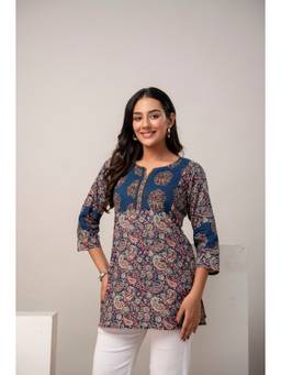 KAPLY - Women Indigo Paisley Printed Three Fourth Sleeve Kurti