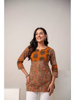KAPLY - Women Mustard Paisley Printed Three Fourth Sleeve Kurti