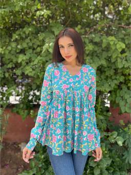KAPLY - Women Blue Floral Printed V-Neck Gathered Short Kurti