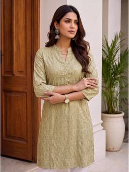 Rangita - Women Pista Green Poly Viscose Printed Straight Kurta