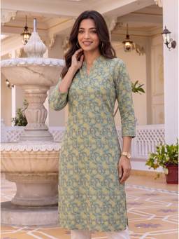 Rangita - Women Green Cotton Printed Straight Kurta
