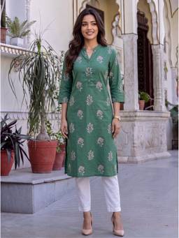 Rangita - Women Green Cotton Printed Straight Kurta
