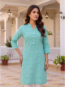 Rangita - Women Turquoise Cotton Printed Straight Kurta