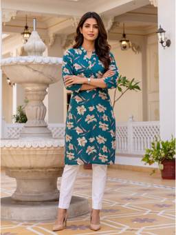 Rangita - Women Teal Cotton Printed Straight Kurta