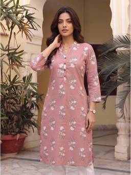 Rangita - Women Pink Cotton Printed Straight Kurta