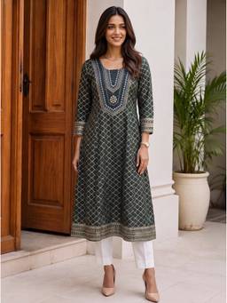 Rangita - Women Dark Green Poly Viscose Embroidered Flared Kurta