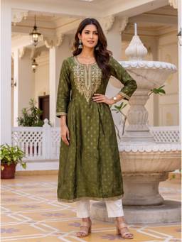 Rangita - Women Olive Poly Viscose Embroidered Flared Kurta