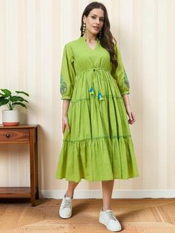 AZIRA - Women Lime Green Embroidered Cotton Slub Flared Midi Dress with Inner Top