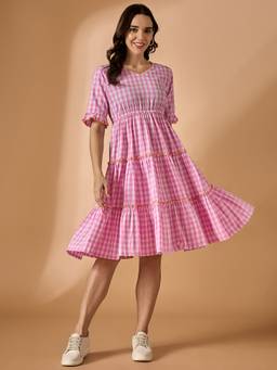 AZIRA - Women Pink Gingham Check Cotton Flared Midi Dress