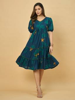 AZIRA - Women Teal Floral Print Cotton V-Neck Tiered Midi Dress