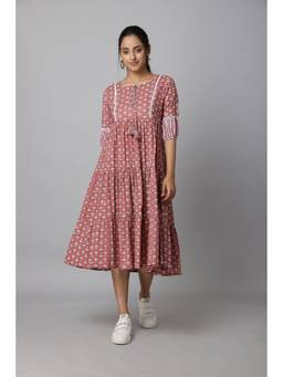 AZIRA - Women Pink Block Print Cotton A-Line Midi Dress