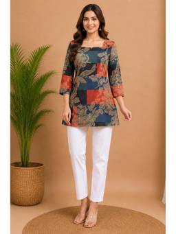 KAPLY - Women Multicolor Floral Printed Colorblock Square Neck Short Kurti