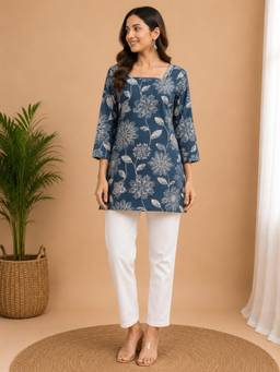 KAPLY - Women Indigo Floral Printed A-Line Short Corset Tie-Up Back Kurti