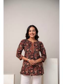 KAPLY - Women Black Paisley Printed Three Fourth Sleeve Kurti
