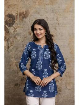KAPLY - Blue Floral Buti Printed Round Neck Three Fourth Sleeve Straight Short Kurti