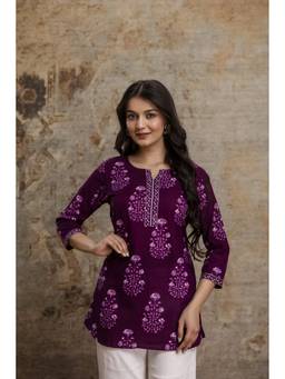 KAPLY - Purple Floral Buti Printed Round Neck Three Fourth Sleeve Straight Short Kurti