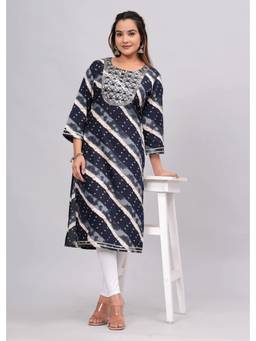 KAPLY - Women Navy Blue Diagonal Printed Straight Zari Embroidered Neck Kurta
