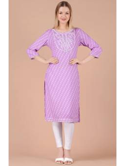 KAPLY - Women Lavender Straight Thread Work Embroidered Yoke Kurta