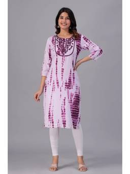 KAPLY - Women Purple Tie-Dye Straight Embroidered Yoke Kurta