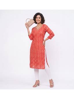 KAPLY - Women Red Straight Zari Embroidered Neckline Kurta
