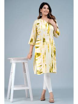 KAPLY - Women Yellow Shibori Tie-Dye Printed Mandarin Collar Straight Kurta