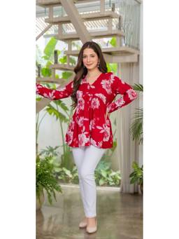 KAPLY - Red Floral Print Gathered V-Neck Full Sleeves Short Kurti