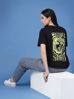 RIGO - Women Black Oversized Back Printed Jersey T-Shirt