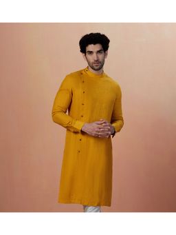 Manyavar - Linen Mustard Solid Mandarin Collar Kurta Only
