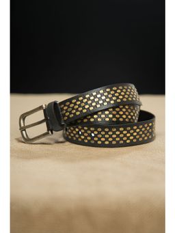 ART N VINTAGE - Black Genuine Leather Belt with Golden Catcher Rivet Design