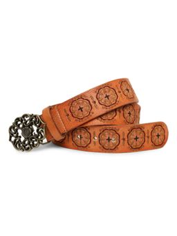 ART N VINTAGE - Genuine Leather Tan Color Hand Embroidery Belt