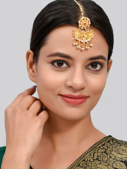 Silvermerc Designs - Gold Plated Kundan Studded & Pearl Beaded Maangtikka