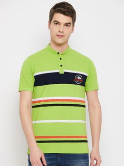 Club York - Men Green Striper Henley Collar T-Shirt