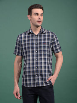 CRIMSOUNE CLUB - Men Navy Blue Checked Linen Shirt