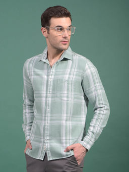 CRIMSOUNE CLUB - Men Green Checked 100% Cotton Shirt