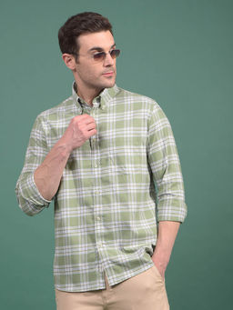 CRIMSOUNE CLUB - Men Olive Checked 100% Cotton Shirt