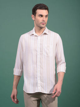 CRIMSOUNE CLUB - Men Peach Vertical Stripes Linen Shirt
