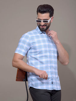 CRIMSOUNE CLUB - Men Blue Checked 100% Cotton Shirt