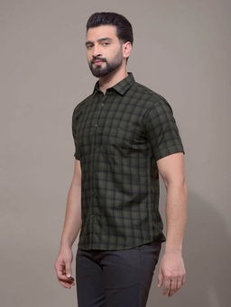 CRIMSOUNE CLUB - Men Olive Checked Linen Shirt