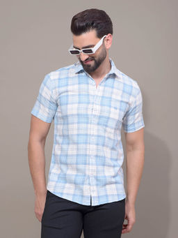 CRIMSOUNE CLUB - Men Blue Checked 100% Cotton Shirt