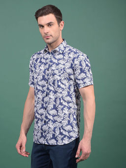 CRIMSOUNE CLUB - Men Blue Floral Print 100% Cotton Shirt