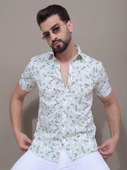 CRIMSOUNE CLUB - Men Green Floral Print 100% Cotton Shirt
