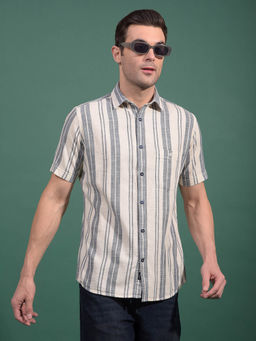 CRIMSOUNE CLUB - Men Beige Vertical Stripes 100% Cotton Shirt