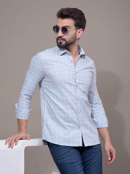 CRIMSOUNE CLUB - Men Blue Checked 100% Cotton Shirt
