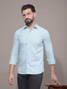 CRIMSOUNE CLUB - Men Green Checked 100% Cotton Shirt