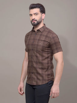 CRIMSOUNE CLUB - Men Brown Checked 100% Cotton Shirt
