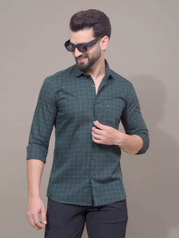 CRIMSOUNE CLUB - Men Green Printed 100% Cotton Shirt
