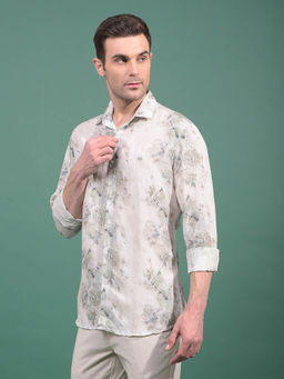 CRIMSOUNE CLUB - Men Grey Floral Print Linen Shirt