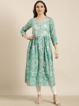 SHOWOFF - Women's Turquoise Blue Floral Anarkali Kurta